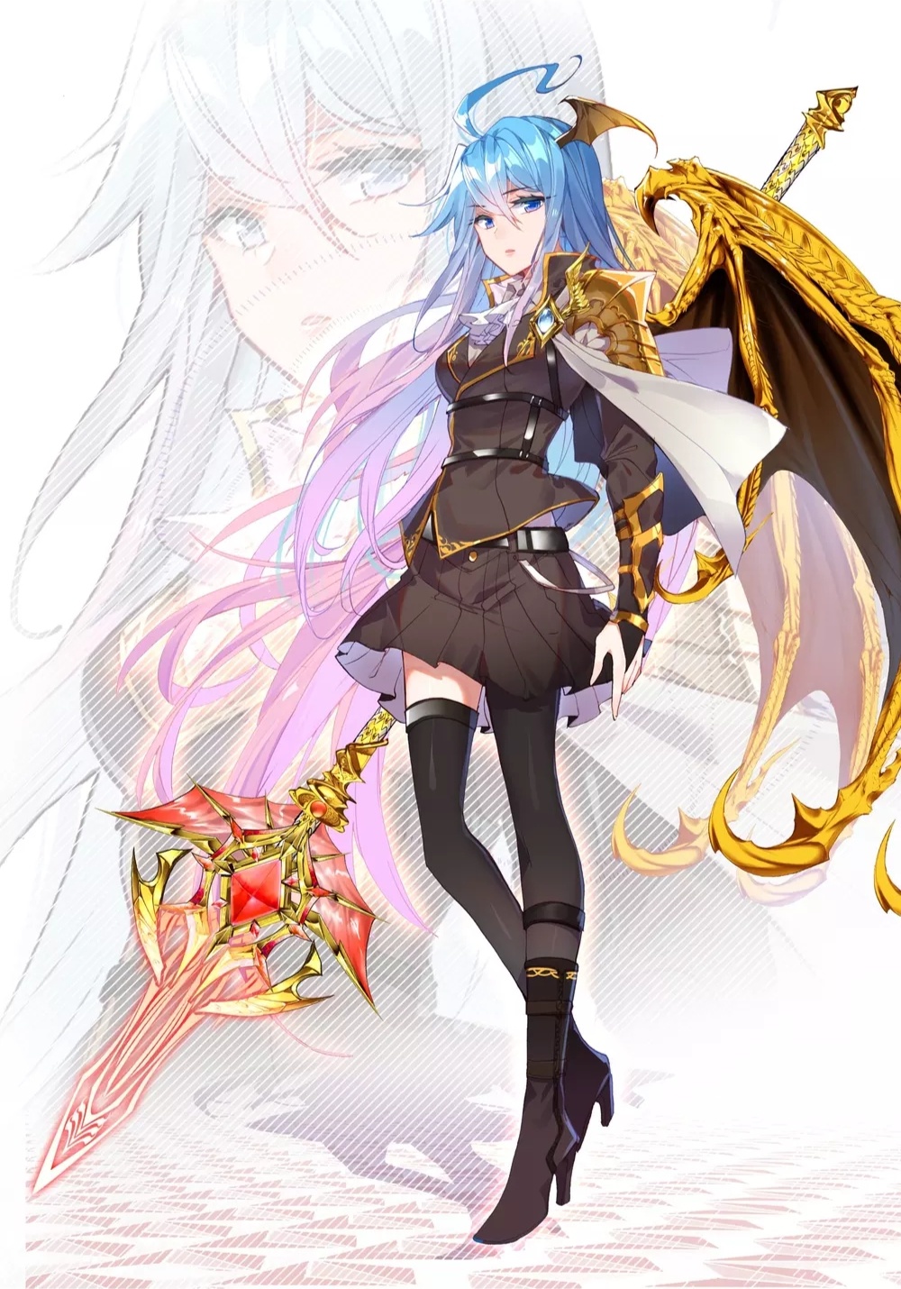 1girl, ahoge, asymmetrical_legwear, cover, cover_page, douluo_dalu, dragon_wings, full_body