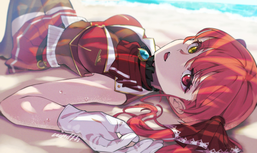 1girl, ascot, bare_shoulders, beach, belt, black_thighhighs, blue_gem, blurry