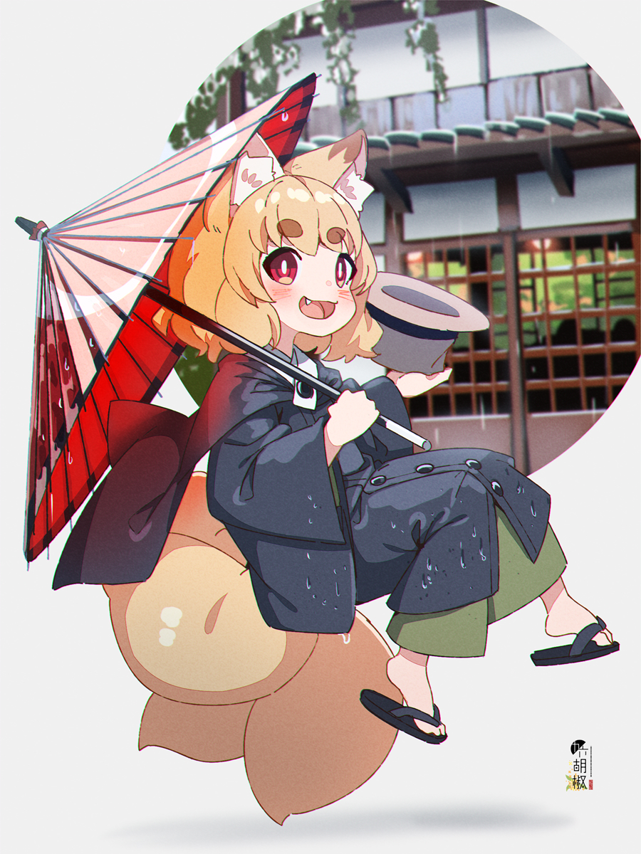 1girl, :d, animal_ear_fluff, animal_ears, black_coat, black_sandals, blonde_hair, blush