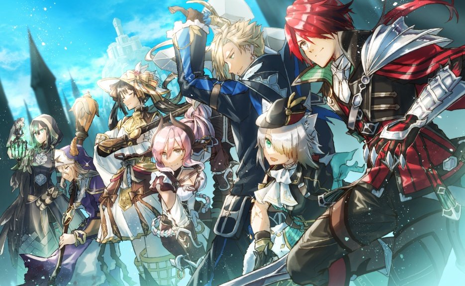 3boys, 4girls, adol_christin, aprilis_(ys), black_hair, blonde_hair, blue_hoodie, cat_girl, crimson_king_(ys), doll_(ys), falcom, hawk_(ys), holding, holding_weapon, hood, hoodie, hwhh, jacket, lantern, multiple_boys, multiple_girls, pants, ponytail, raging_bull_(ys), red_hair, red_jacket, renegade_(ys), spiked_hair, staff, twintails, weapon, white_cat_(ys), white_hair, ys, ys_ix:_monstrum_nox