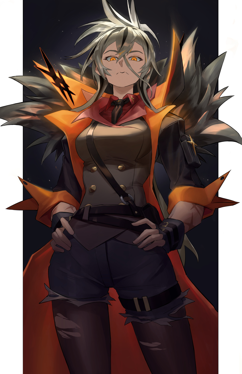 1girl, absurdres, alchemy_stars, belt, black_coat, black_gloves, black_hair, black_necktie