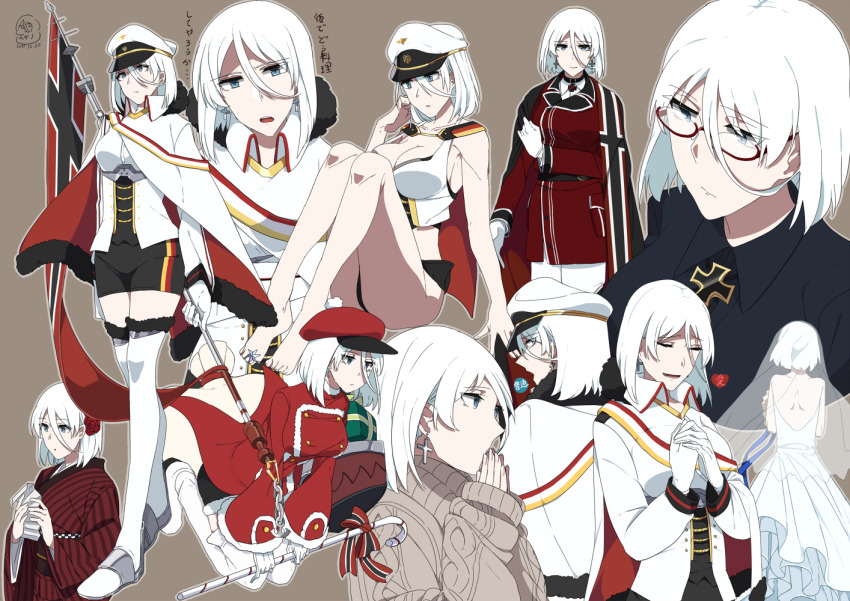 1girl, azur_lane, back, bare_legs, barefoot, blue_eyes, brown_sweater, cape