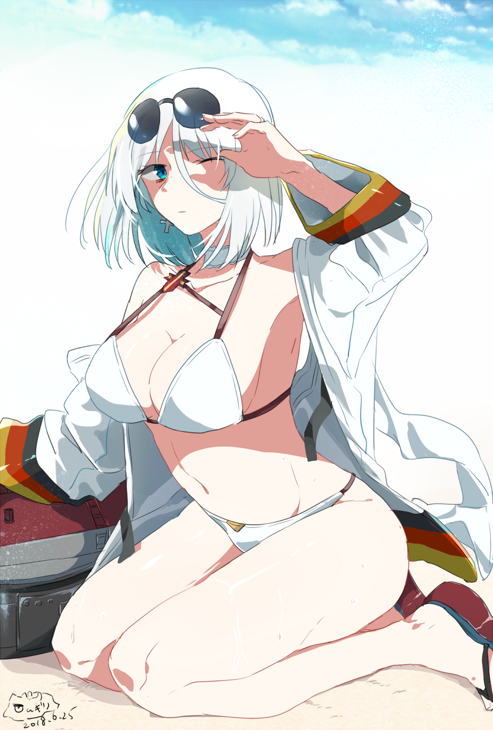 1girl, azur_lane, bare_shoulders, beach, bikini, blue_eyes, breasts, cleavage, closed_mouth, collarbone, cross, cross_earrings, earrings, eyewear_on_head, highres, jacket, jewelry, looking_at_viewer, medium_breasts, mugino_kouji, navel, official_alternate_costume, on_floor, one_eye_closed, open_clothes, open_jacket, short_hair, simple_background, solo, sunglasses, swimsuit, thighs, tirpitz_(azur_lane), tirpitz_(snow-melting_summer)_(azur_lane), white_bikini, white_hair, white_jacket, wide_sleeves
