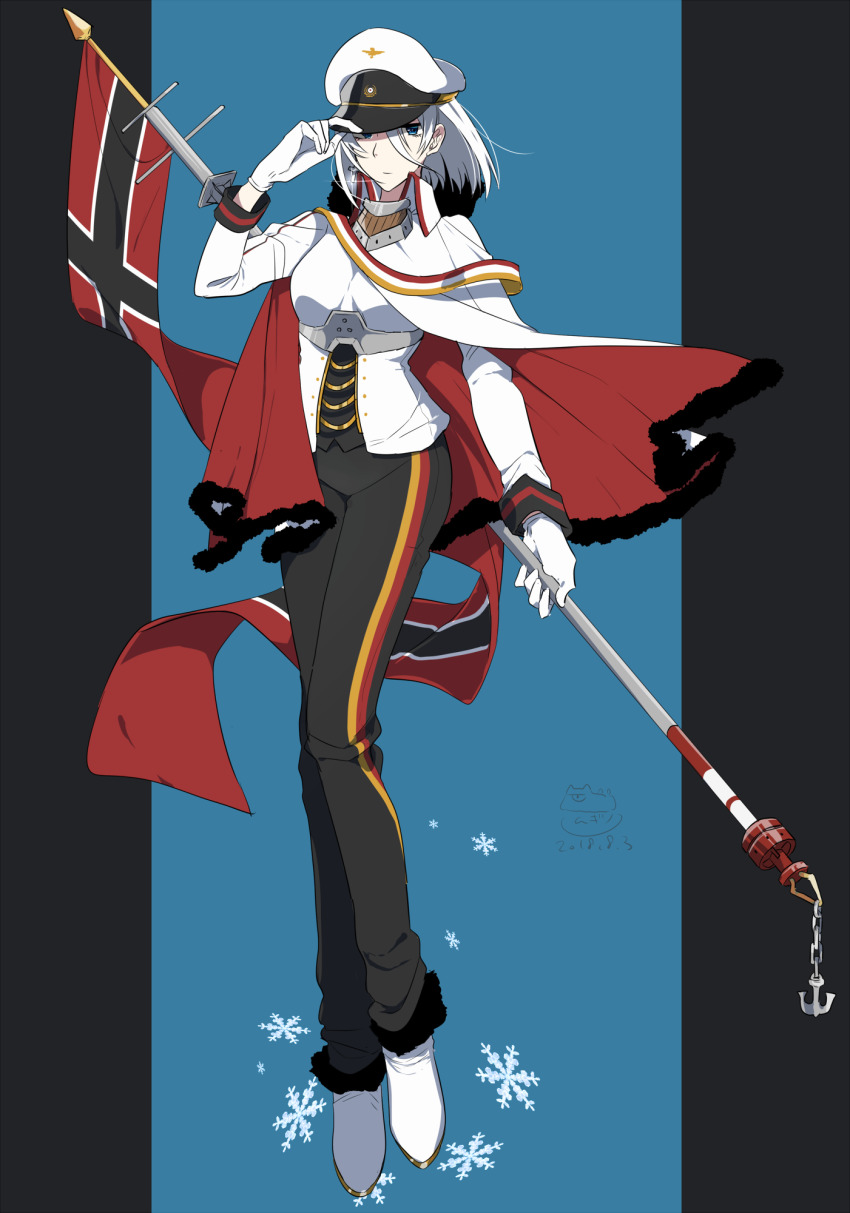 1girl, azur_lane, black_pants, blue_eyes, breasts, cape, closed_mouth, flag