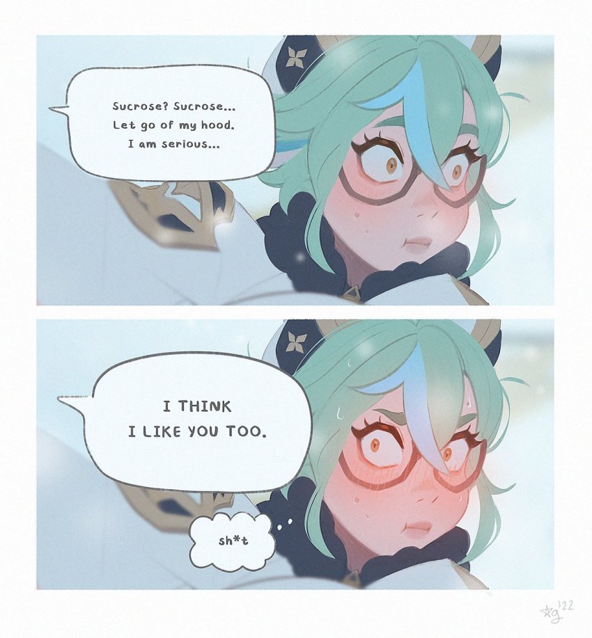 1girl, aleikats, animal_ears, blush, english_text, fur_trim, genshin_impact, green_hair