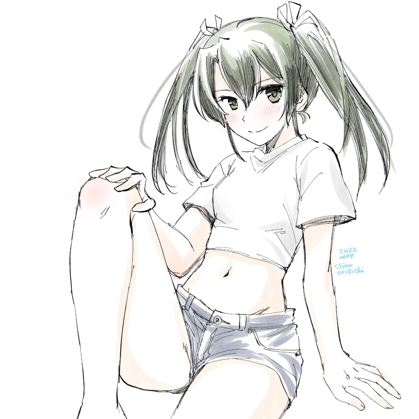 1girl, alternate_costume, blue_shorts, cowboy_shot, denim, denim_shorts, grey_eyes, grey_hair, highres, kantai_collection, long_hair, looking_at_viewer, midriff, orikoshi_shino, shirt, short_shorts, shorts, simple_background, sitting, solo, white_background, white_shirt, zuikaku_(kancolle)