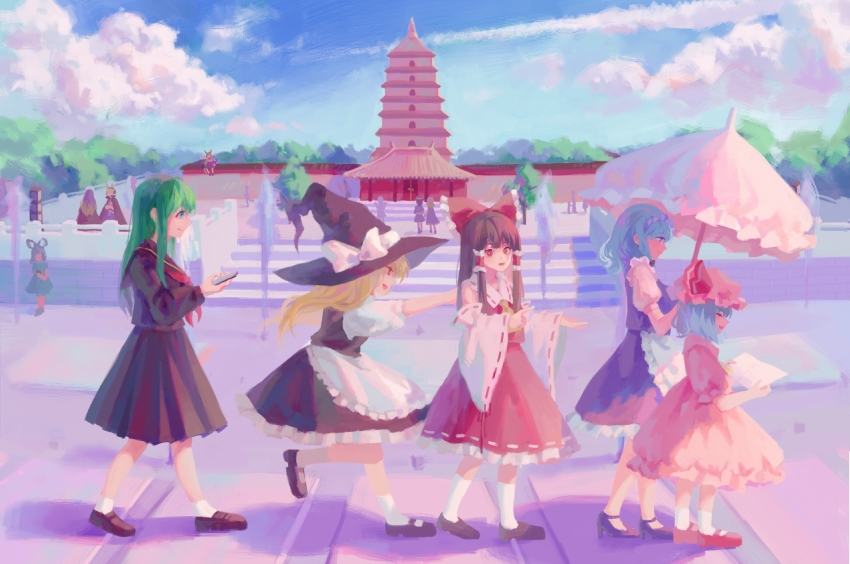 6+girls, :d, apron, ascot, black_footwear, black_headwear, black_sailor_collar, black_shirt