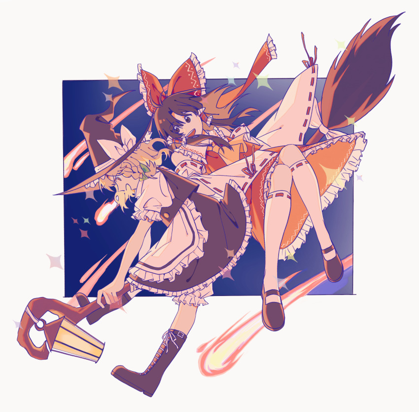 2girls, :d, absurdres, apron, ascot, black_footwear, black_headwear, black_skirt