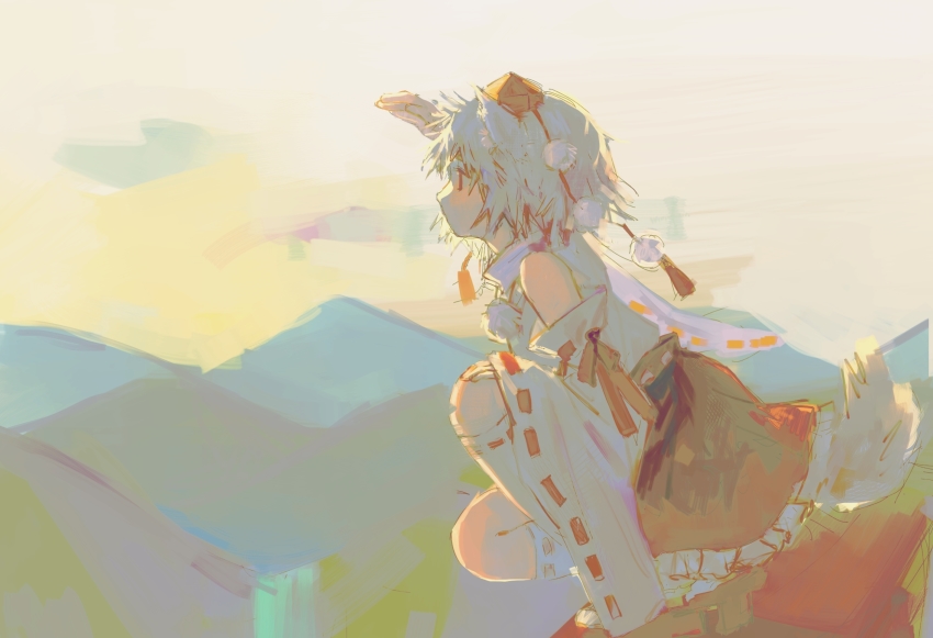 1girl, animal_ears, chinese_commentary, commentary, detached_sleeves, frilled_skirt, frills, from_side, hand_up, hat, highres, inubashiri_momiji, looking_afar, miko_(15476997), mountainous_horizon, no_mouth, pom_pom_(clothes), red_hat, red_skirt, ribbon-trimmed_sleeves, ribbon_trim, shirt, short_hair, sketch, skirt, sleeveless, sleeveless_shirt, solo, squatting, tail, tokin_hat, touhou, white_hair, white_shirt, white_sleeves, wide_sleeves, wolf_ears, wolf_girl, wolf_tail