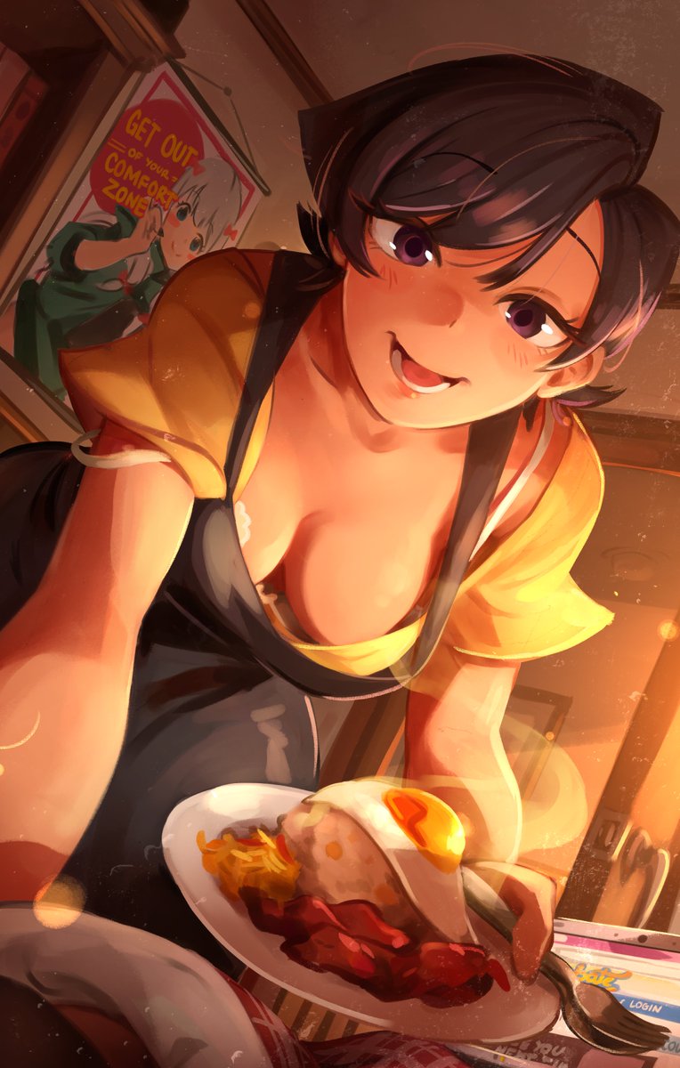 1girl, apron, bacon, black_apron, black_eyes, black_hair, blush, bra