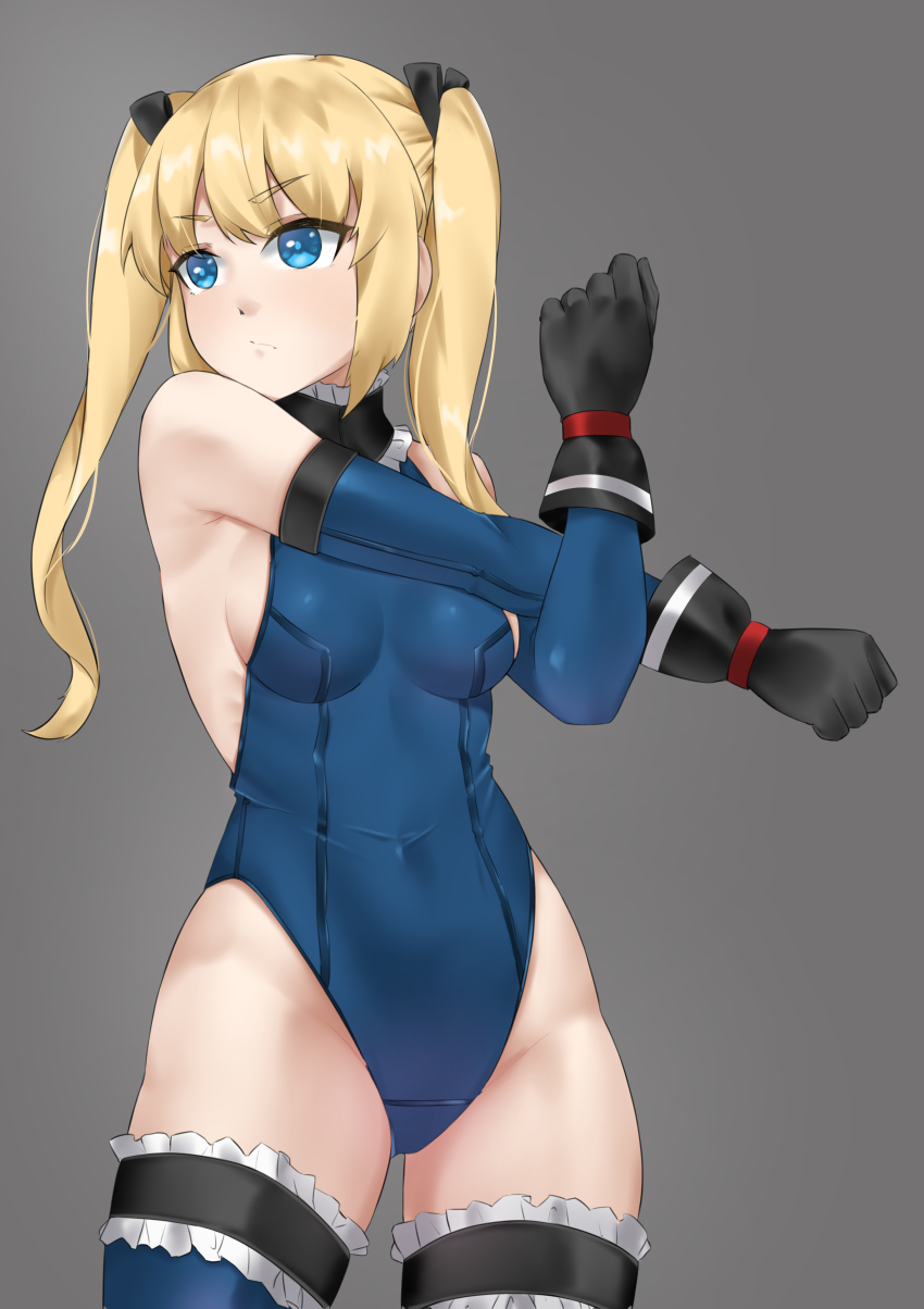 1girl, absurdres, black_gloves, black_ribbon, blonde_hair, blue_eyes, blue_leotard, blue_one-piece_swimsuit, blue_thighhighs, breasts, casperrin, commentary_request, cowboy_shot, dead_or_alive, dead_or_alive_5, detached_sleeves, frilled_leotard, frilled_thighhighs, frills, gloves, grey_background, hair_ornament, hair_ribbon, highres, leotard, long_hair, marie_rose, one-piece_swimsuit, ribbon, simple_background, small_breasts, solo, stretching, swimsuit, thighhighs, twintails, x_hair_ornament