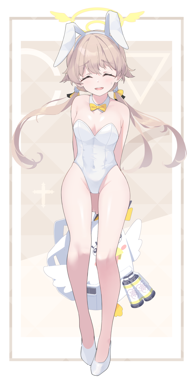 1girl, animal_ears, arume_ad, backpack, bag, bare_arms, bare_legs, bare_shoulders, blue_archive, blush, bow, bowtie, breasts, detached_collar, fake_animal_ears, groin, hair_flaps, hair_ornament, halo, hifumi_(blue_archive), highres, leotard, light_brown_hair, long_hair, low_twintails, open_mouth, peroro_(blue_archive), playboy_bunny, rabbit_ears, simple_background, small_breasts, smile, solo, strapless, strapless_leotard, twintails, unworn_backpack, unworn_bag, white_background, white_bag, wing_hair_ornament