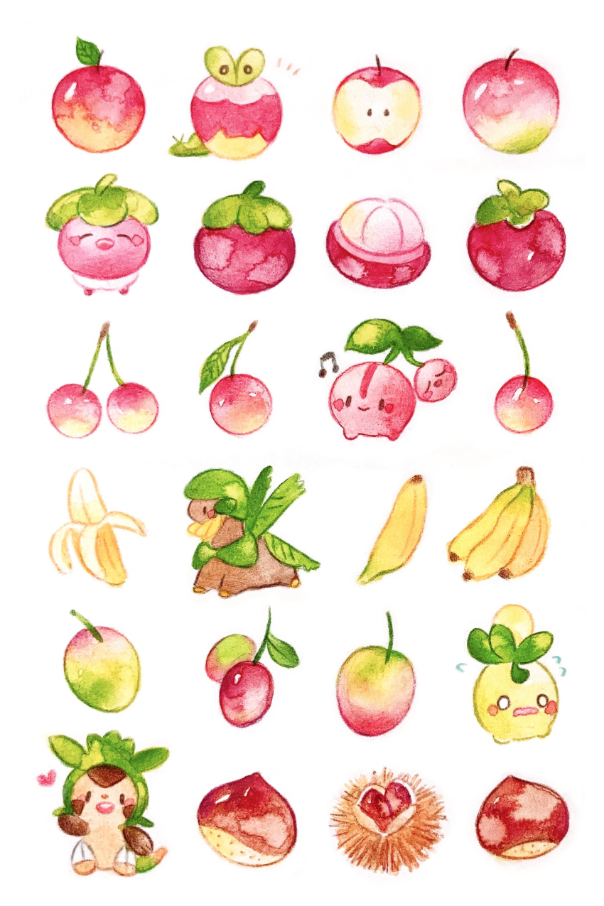 :d, ^_^, absurdres, apple, applin, banana, bounsweet, cherry