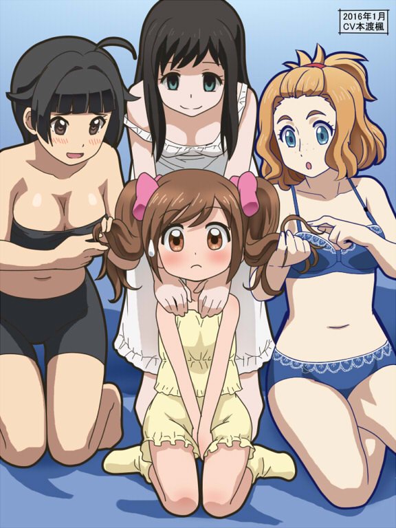 4girls, :d, :o, active_raid, awa, black_hair, blue_background, blue_eyes, bra, breasts, brown_eyes, brown_hair, closed_mouth, cocotama_(series), crossover, dated, dress, frown, full_body, green_eyes, heavy_object, holding_another's_hair, hondo_kaede, kamisama_minarai:_himitsu_no_cocotama, kneeling, long_hair, looking_at_another, looking_at_viewer, medium_hair, multiple_girls, myonri_(heavy_object), navel, open_mouth, oshiete!_galko-chan, panties, short_hair, simple_background, smile, straight-on, underwear, voice_actor_connection, yabana_(galko), yotsuba_kokoro