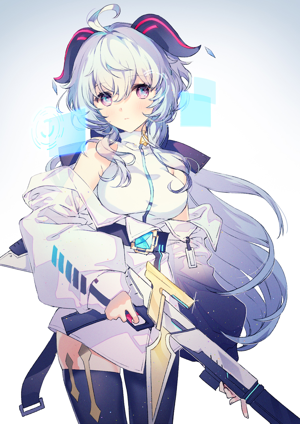 1girl, ahoge, alternate_costume, bare_shoulders, black_legwear, blue_hair, blush, breasts