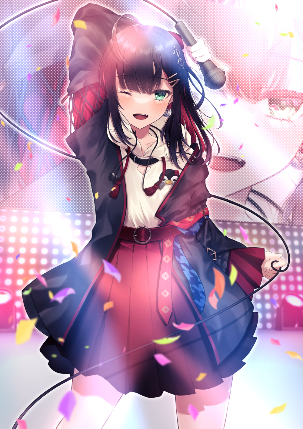 1girl, :d, ahoge, belt, black_hair, colored_inner_hair, confetti, earphones