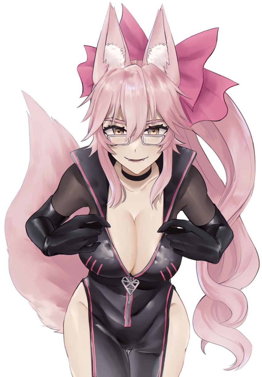 13addendum, 1girl, animal_ear_fluff, animal_ears, black_bodysuit, bodysuit, bow, breasts, center_opening, choker, cleavage, clothing_cutout, collarbone, eyewear_strap, fangs, fate/grand_order, fate_(series), fox_ears, fox_girl, fox_tail, glasses, grey-framed_eyewear, hair_ribbon, highres, hip_vent, koyanskaya_(assassin)_(first_ascension)_(fate), koyanskaya_(fate), large_breasts, long_hair, open_bodysuit, open_clothes, pink_bow, pink_hair, pink_ribbon, ribbon, side_ponytail, solo, tail, very_long_hair