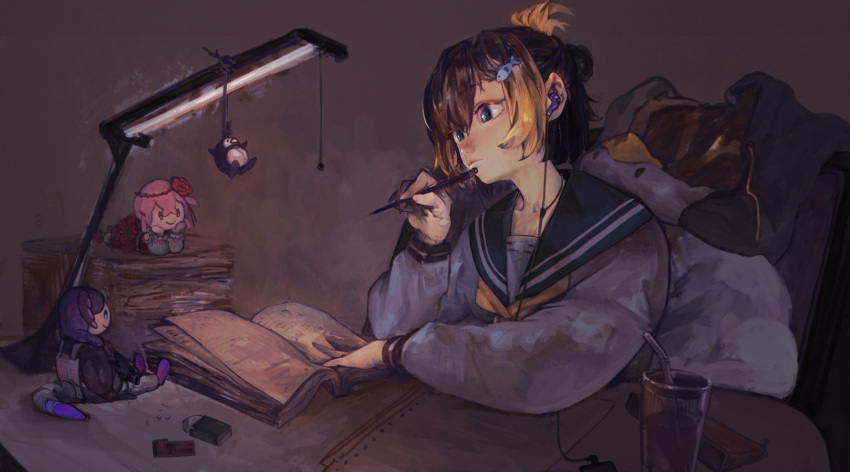 1girl, black_hair, blonde_hair, blue_eyes, book, character_doll, commentary_request, cup