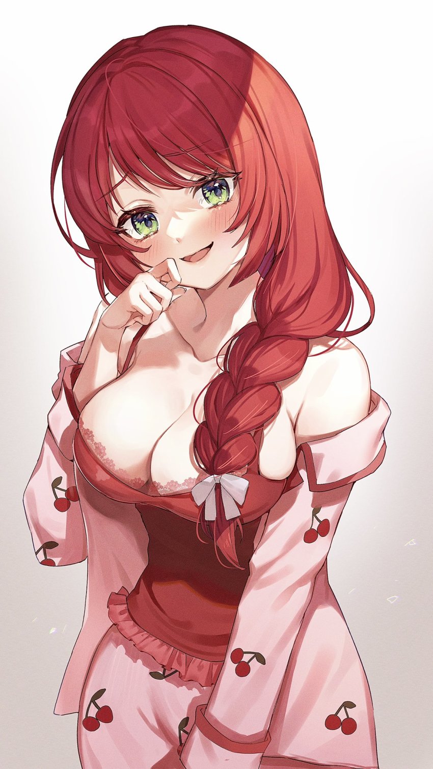 1girl, :d, alt_text, blush, braid, breasts, chan_hone_pkpk, cherry_print