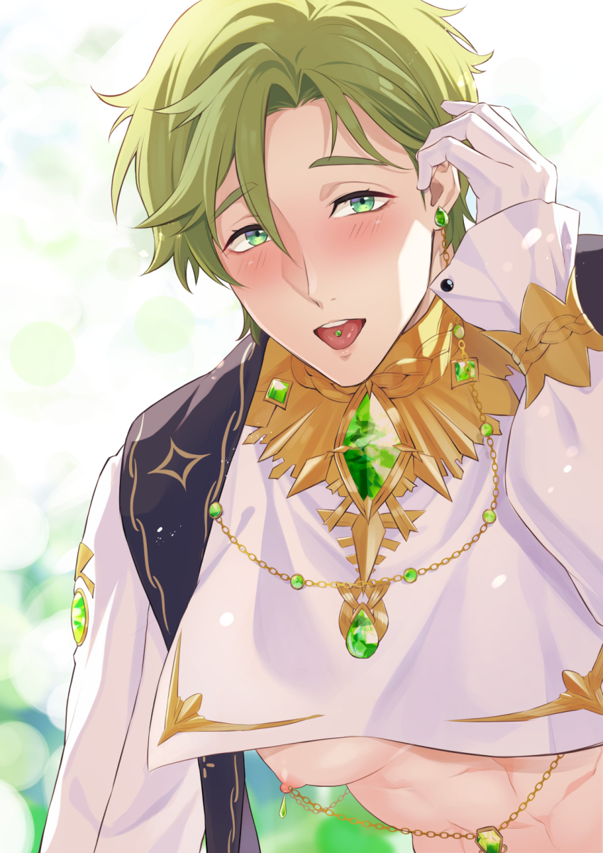 1boy, 7go3_nc, blush, earrings, gloves, green_hair, highres, jewelry, male_focus, muscular, muscular_male, nipple_piercing, nipples, nu_carnival, olivine_(nu_carnival), piercing, priest, simple_background, smile