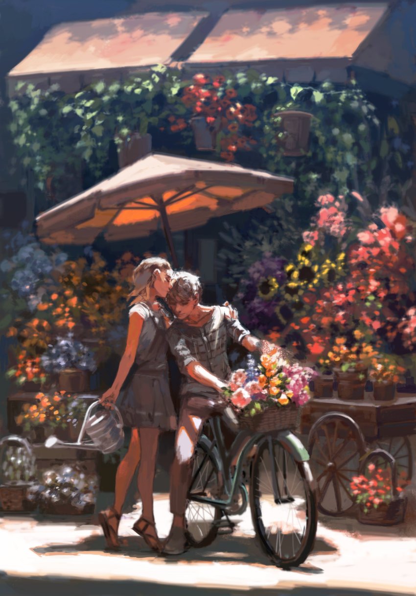 1boy, 1girl, absurdres, arm_around_shoulder, basket, bicycle, blonde_hair, bouquet, brown_pants, cart, chenalii, collarbone, couple, dress, flower, grey_dress, grey_shirt, hetero, highres, kiss, kissing_forehead, medium_hair, pants, parasol, scenery, shirt, short_hair, striped_clothes, striped_shirt, sunflower, sunglasses, tiptoes, umbrella, watering_can