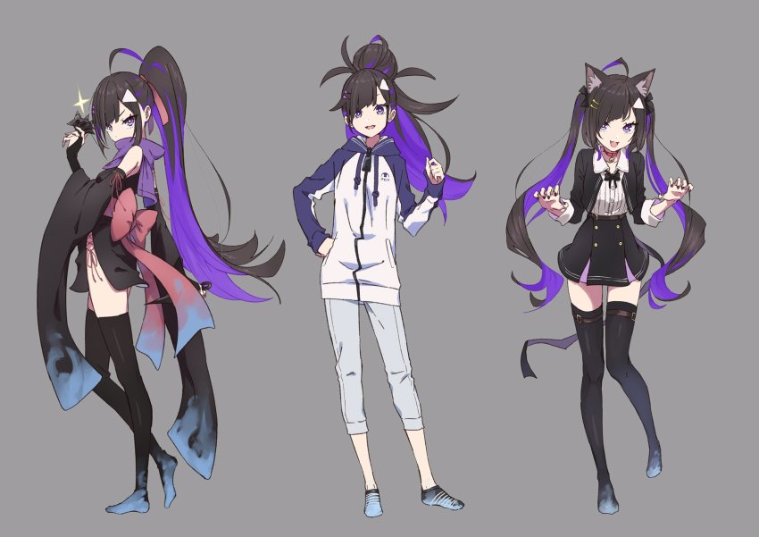 1girl, ahoge, animal_ear_fluff, animal_ears, ankle_socks, bare_shoulders, black_bow, black_hair