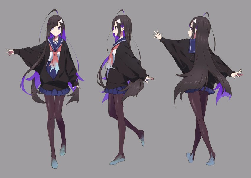 1girl, :d, ahoge, black_cardigan, black_hair, blue_sailor_collar, blue_skirt, brown_pantyhose