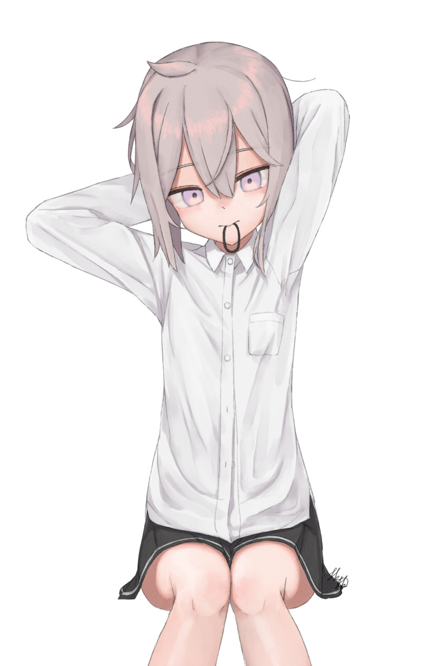 1girl, black_skirt, breast_pocket, buttons, collared_shirt, cowlick, dress_shirt, flat_chest, girls'_frontline, grey_hair, hair_between_eyes, hair_tie, highres, long_sleeves, looking_at_viewer, m200_(girls'_frontline), medium_hair, mouth_hold, no_jacket, no_neckwear, origumi, pleated_skirt, pocket, purple_eyes, shirt, sidelocks, signature, simple_background, sitting, skirt, solo, stray_hair, tying_hair, white_background, white_shirt