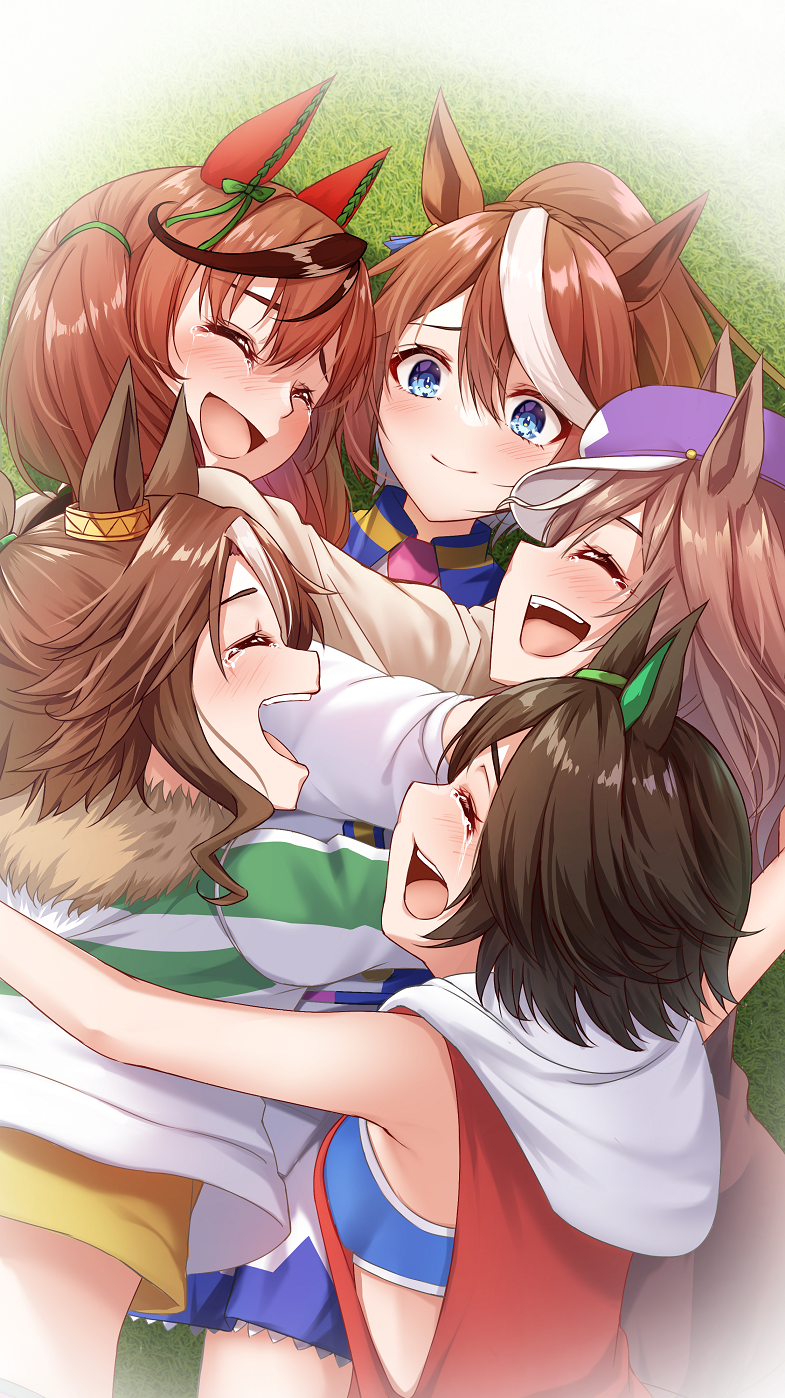 5girls, animal_ears, blue_eyes, brown_hair, closed_eyes, crop_top, cropped_jacket, crying