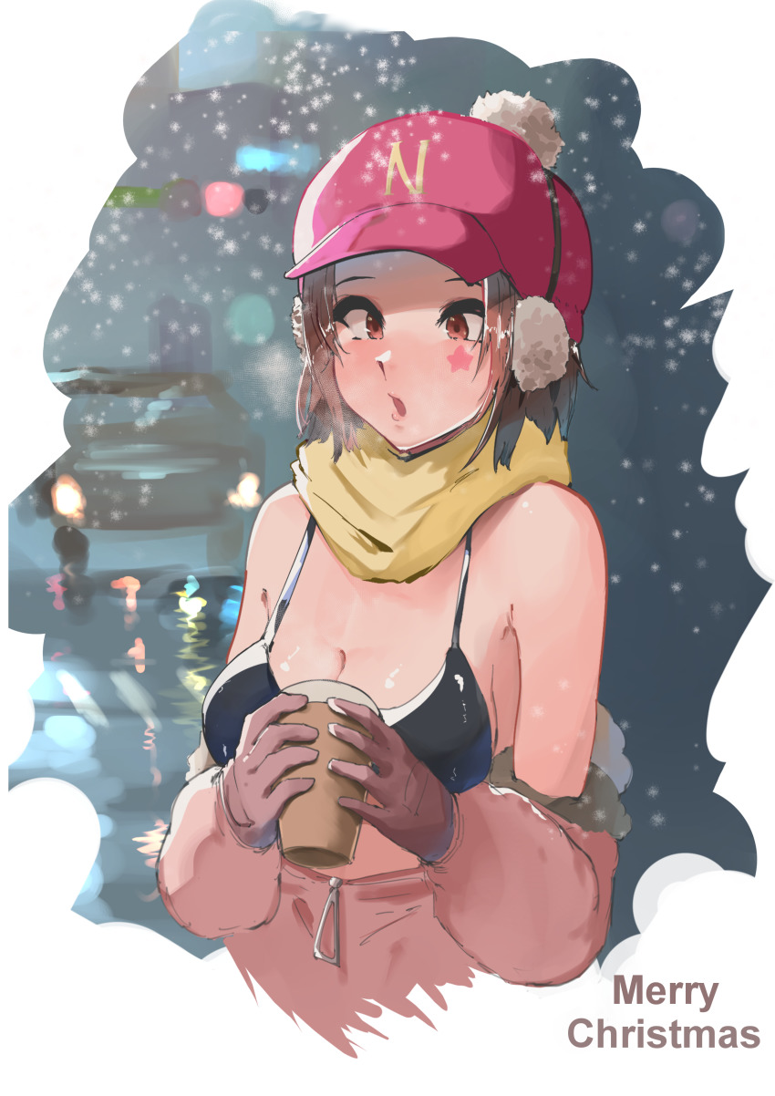 1girl, absurdres, baseball_cap, black_bra, blurry, blurry_background, border, bra