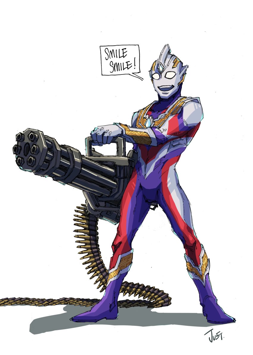 1boy, absurdres, alien, ammunition, ammunition_belt, catchphrase, commentary, english_commentary, gatling_gun, gun, highres, holding, holding_gun, holding_weapon, ju5tab0r3d1, looking_ahead, machine_gun, male_focus, medium_machine_gun, minigun, multiple-barrel_gun, rifle_cartridge, rotary_machine_gun, shadow, smile, solo, tokusatsu, ultra_series, ultraman_trigger, ultraman_trigger_(series), weapon, white_background, white_eyes