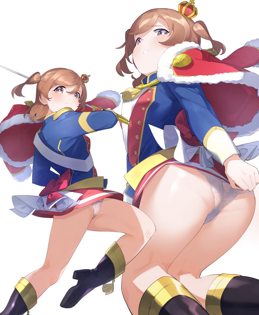 1girl, aijo_karen, arm_behind_back, ass, back_bow, black_footwear, blue_jacket, boots, bow, bright_pupils, brown_eyes, brown_hair, closed_mouth, commission, crown, feet_out_of_frame, from_behind, from_below, fur-trimmed_jacket, fur_trim, goe_(g-o-e), hand_up, high_heel_boots, high_heels, highres, holding, holding_sword, holding_weapon, jacket, jacket_on_shoulders, kneepits, leg_up, long_sleeves, looking_at_viewer, looking_back, microskirt, mini_crown, multicolored_jacket, multiple_views, panties, parted_lips, raised_eyebrows, red_bow, red_jacket, sash, shoe_soles, short_hair, shoujo_kageki_revue_starlight, shoulder_sash, simple_background, single_stripe, skeb_commission, skirt, skirt_tug, standing, standing_on_one_leg, striped_clothes, striped_skirt, swept_bangs, sword, tassel, tilted_headwear, two_side_up, underwear, upskirt, weapon, white_background, white_panties, white_pupils, white_sash