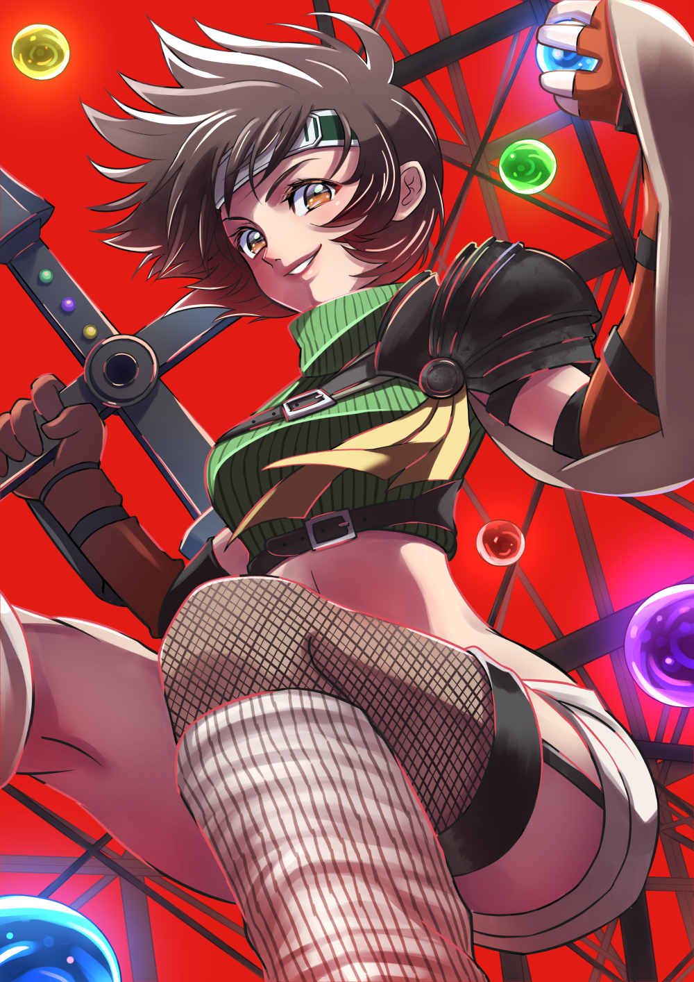 1girl, arm_guards, armor, asymmetrical_legwear, brown_eyes, brown_hair, chest_strap, final_fantasy, final_fantasy_vii, final_fantasy_vii_remake, fingerless_gloves, fishnet_legwear, fishnets, gloves, green_shirt, headband, highres, holding, holding_weapon, kikopoko11, leg_warmers, materia, midriff, parted_lips, red_background, scaffolding, shirt, short_hair, shoulder_armor, shuriken, sleeveless, sleeveless_turtleneck, smile, solo, square_enix, turtleneck, upper_body, weapon, yuffie_kisaragi