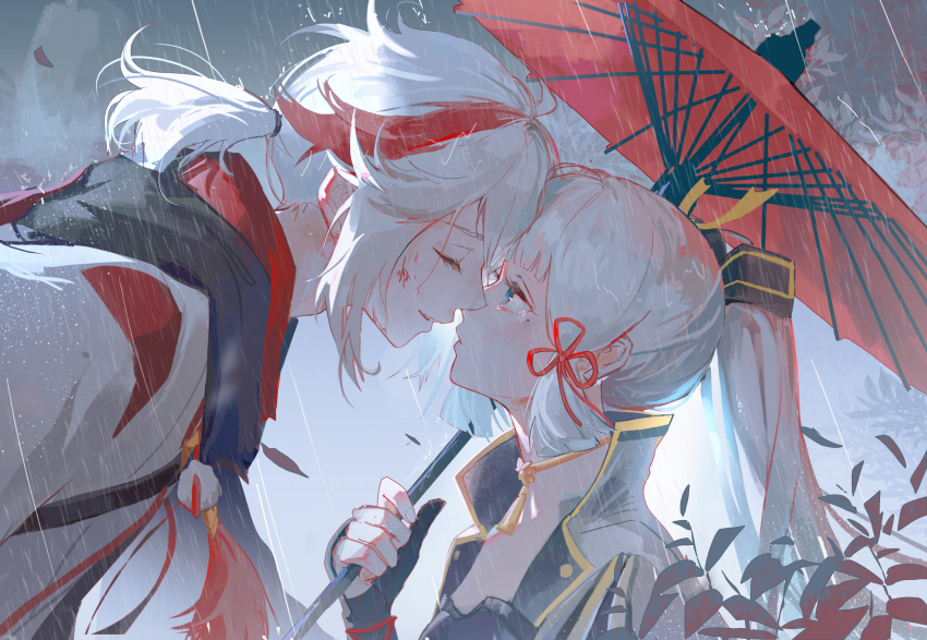 1boy, 1girl, ayaka_(genshin_impact), blood, blood_on_face, blue_eyes, blunt_bangs, closed_eyes