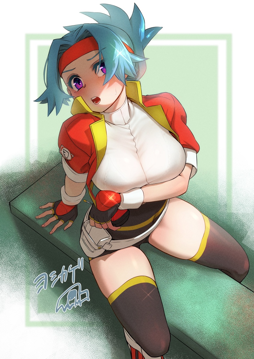 1girl, arm_under_breasts, black_thighhighs, blue_hair, blush, fingerless_gloves, gloves, headband, highres, jacket, looking_at_viewer, nintendo, open_clothes, open_jacket, open_mouth, over-kneehighs, pokemon, pokemon_ranger_(series), pokemon_ranger_uniform, purple_eyes, red_headband, red_jacket, sitting, solana_(pokemon), solo, sweatdrop, thighhighs, yoshikage_(yo4kage)