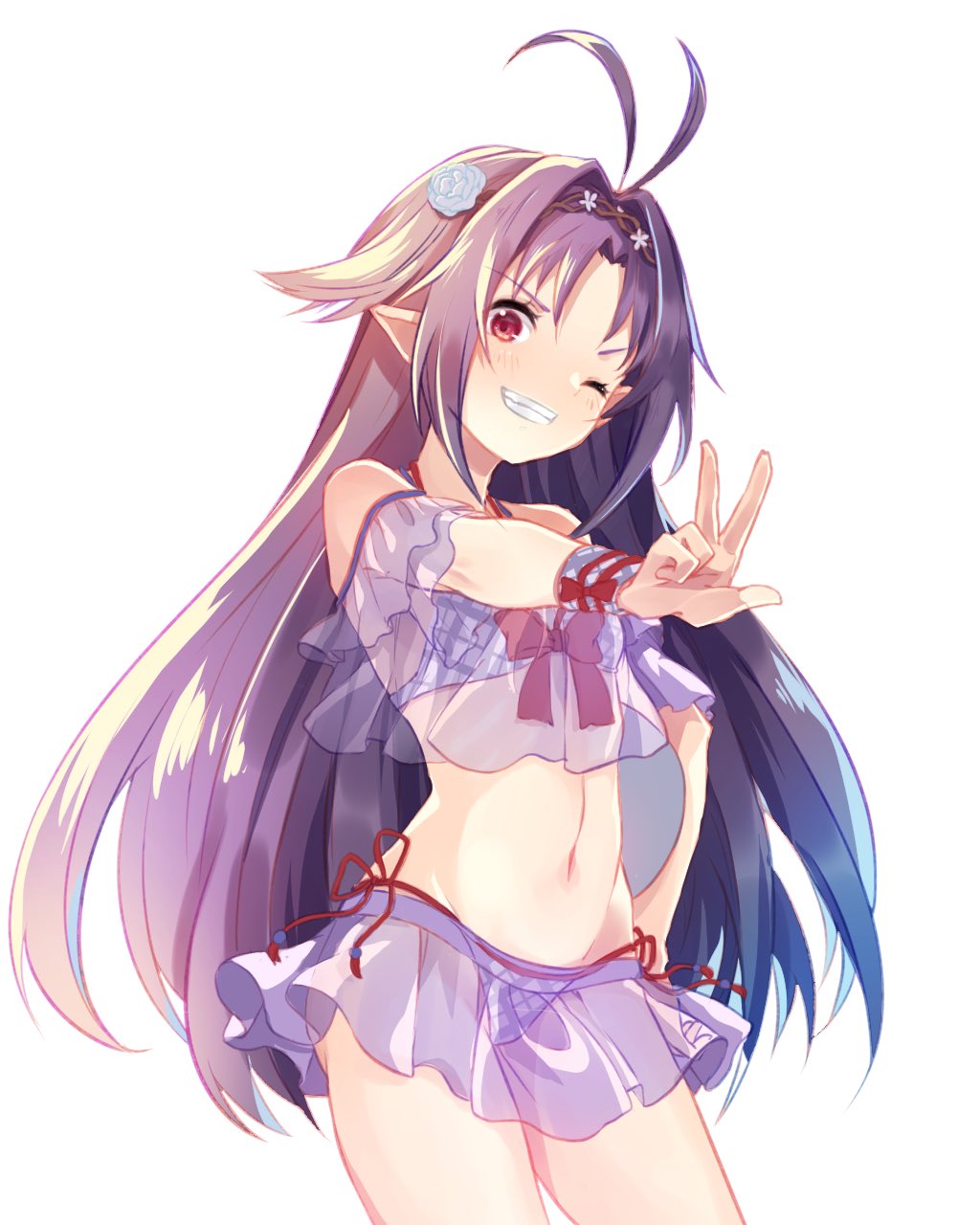 1girl, ahoge, bare_shoulders, bikini, breasts, flower, hair_flower, hair_ornament, hand_on_own_hip, highres, hozumi_rino, long_hair, navel, official_alternate_costume, one_eye_closed, parted_bangs, pointy_ears, purple_hair, red_eyes, see-through_clothes, small_breasts, smile, solo, swimsuit, sword_art_online, sword_art_online:_memory_defrag, teeth, w, yuuki_(sao)