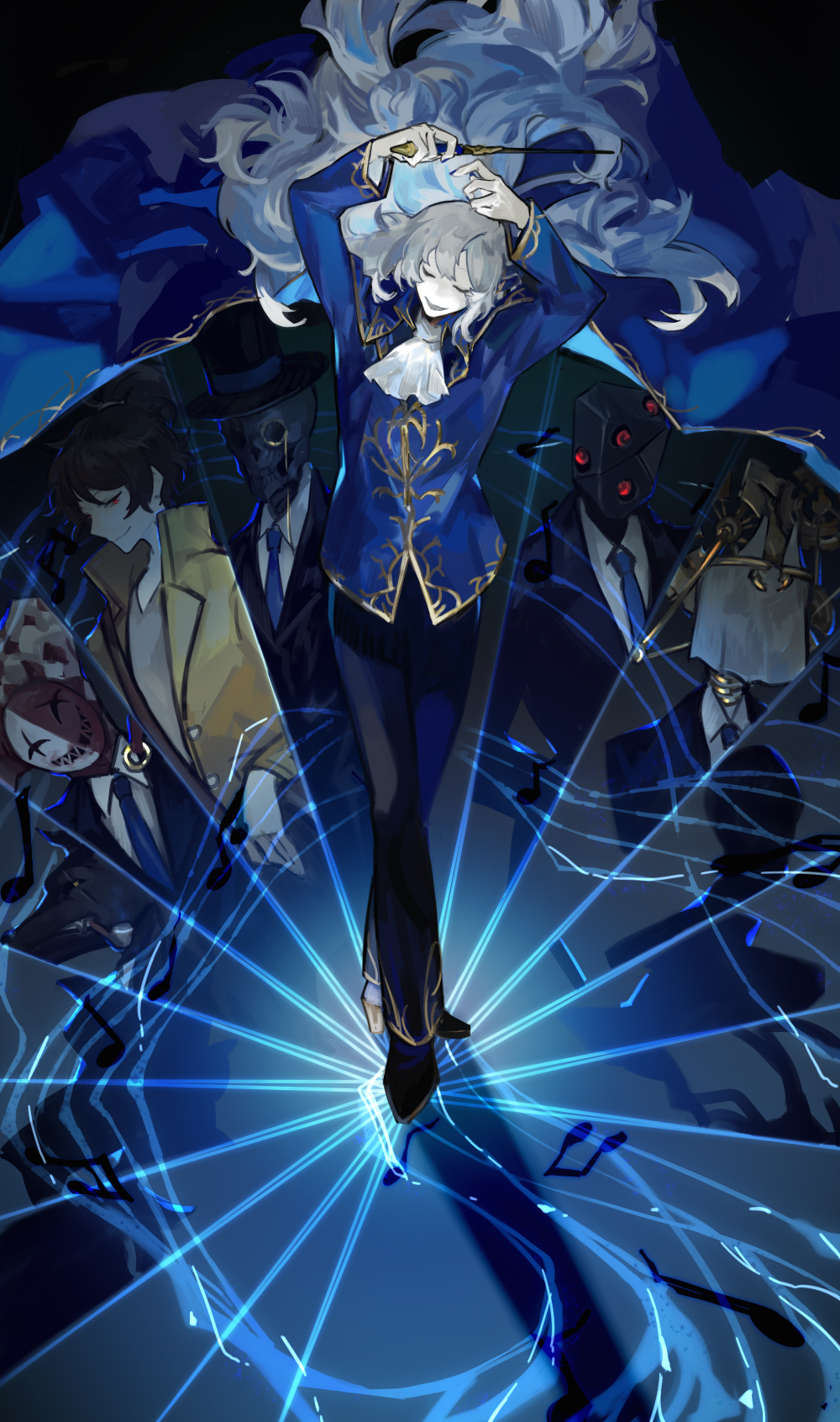 3girls, 4boys, argalia_(project_moon), black_footwear, blue_coat, blue_necktie, brown_hair, clown