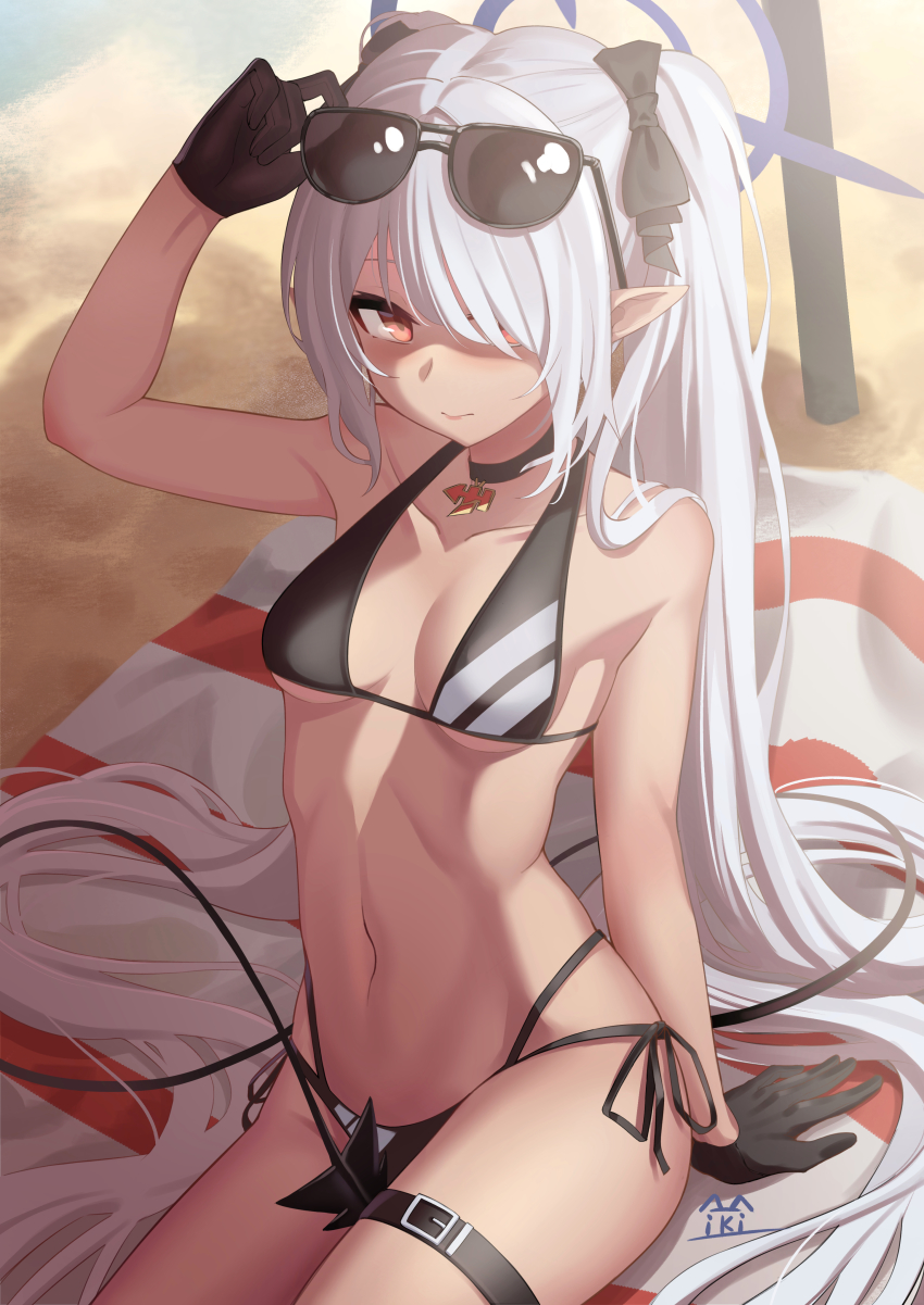 1girl, absurdres, bare_shoulders, bikini, black_bikini, black_choker, black_gloves, blue_archive