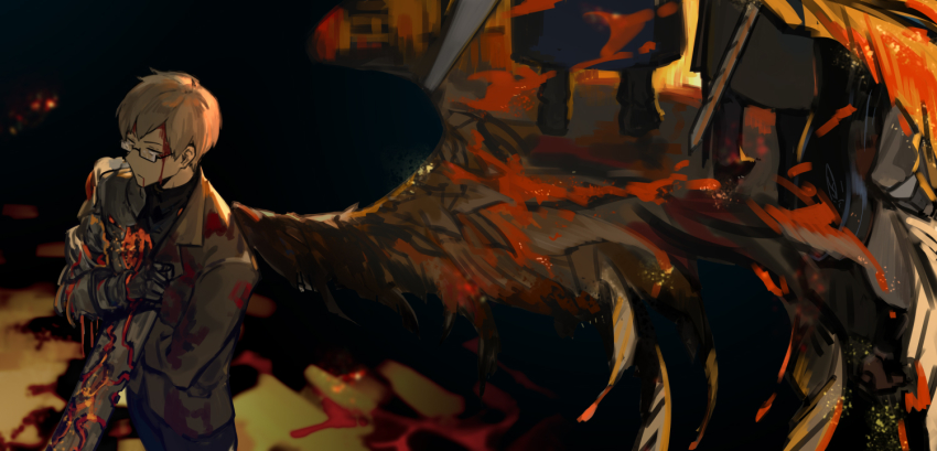 1boy, black_shirt, blood, blood_from_mouth, blood_on_face, brown_hair, e.g.o_(project_moon), gauntlets