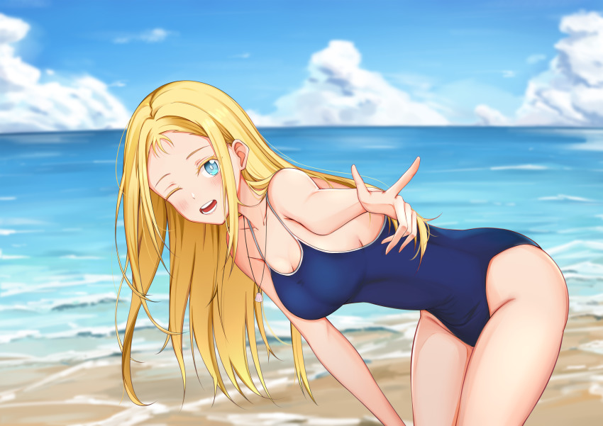 1girl, absurdres, backon, beach, blonde_hair, blue_eyes, blue_one-piece_swimsuit, blue_sky