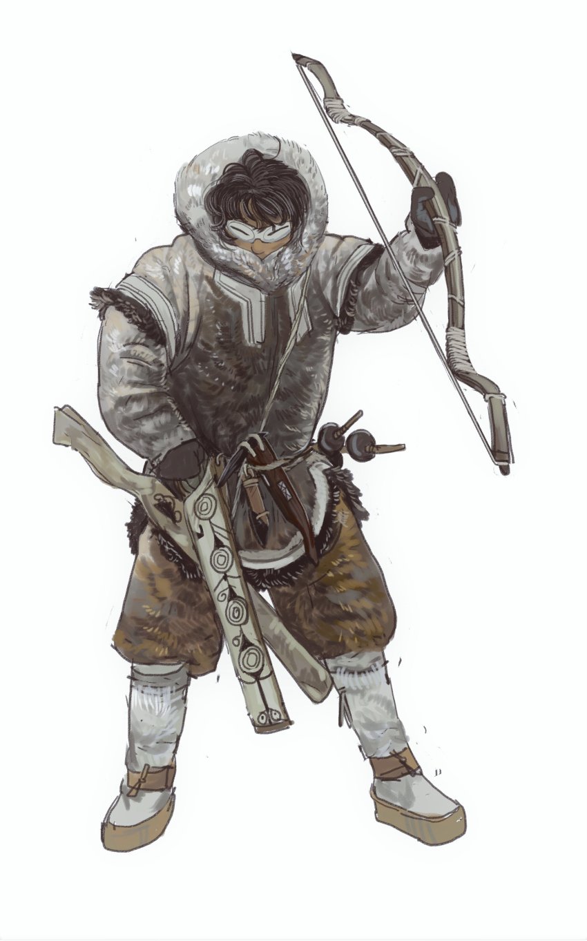1boy, absurdres, black_gloves, black_hair, boots, bow_(weapon), brown_pants, facing_viewer, full_body, fur_jacket, gloves, goggles, highres, holding, holding_bow_(weapon), holding_weapon, hood, hood_up, inuit, jacket, male_focus, mossacannibalis, original, pants, solo, standing, weapon, white_background
