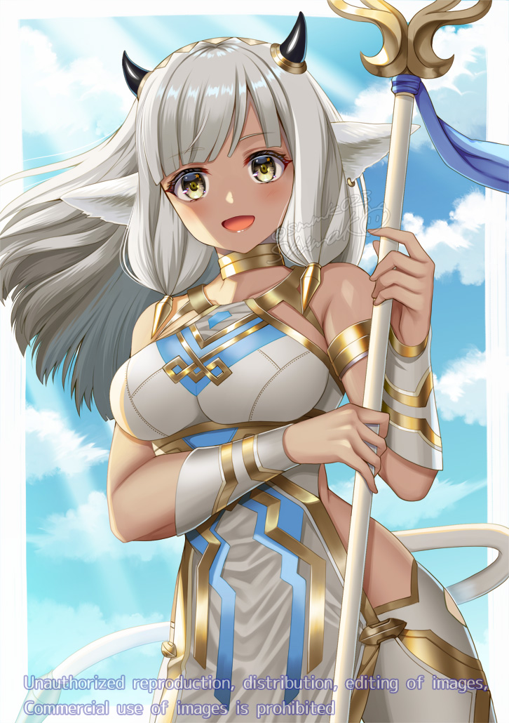 1girl, animal_ears, ash_(fire_emblem), breasts, cow_ears, cow_girl, cow_horns, cow_tail, fire_emblem, fire_emblem_heroes, hair_ornament, horns, large_breasts, long_hair, looking_at_viewer, nintendo, open_mouth, shimako_(smk023), solo, tail, upper_body, yellow_eyes