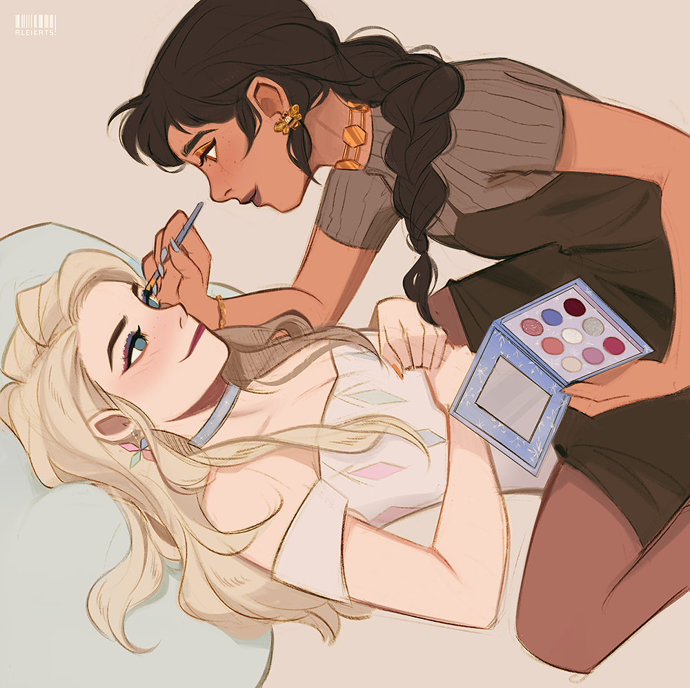 2girls, aleikats, applying_another's_makeup, applying_makeup, black_hair, blue_eyes, braid, braided_ponytail, brown_eyes, closed_mouth, earrings, elsa_(frozen), frozen_(disney), frozen_ii_(disney), honeymaren, interracial, jewelry, lesbians_doing_makeup_(meme), lying, makeup, meme, multiple_girls, on_back, pantyhose, ponytail, yuri