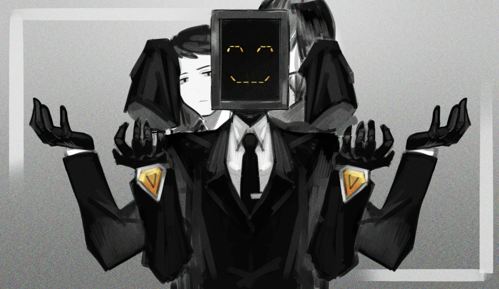 1girl, 2boys, bada_(project_moon), black_eyes, black_gloves, black_hair, black_necktie, formal_clothes