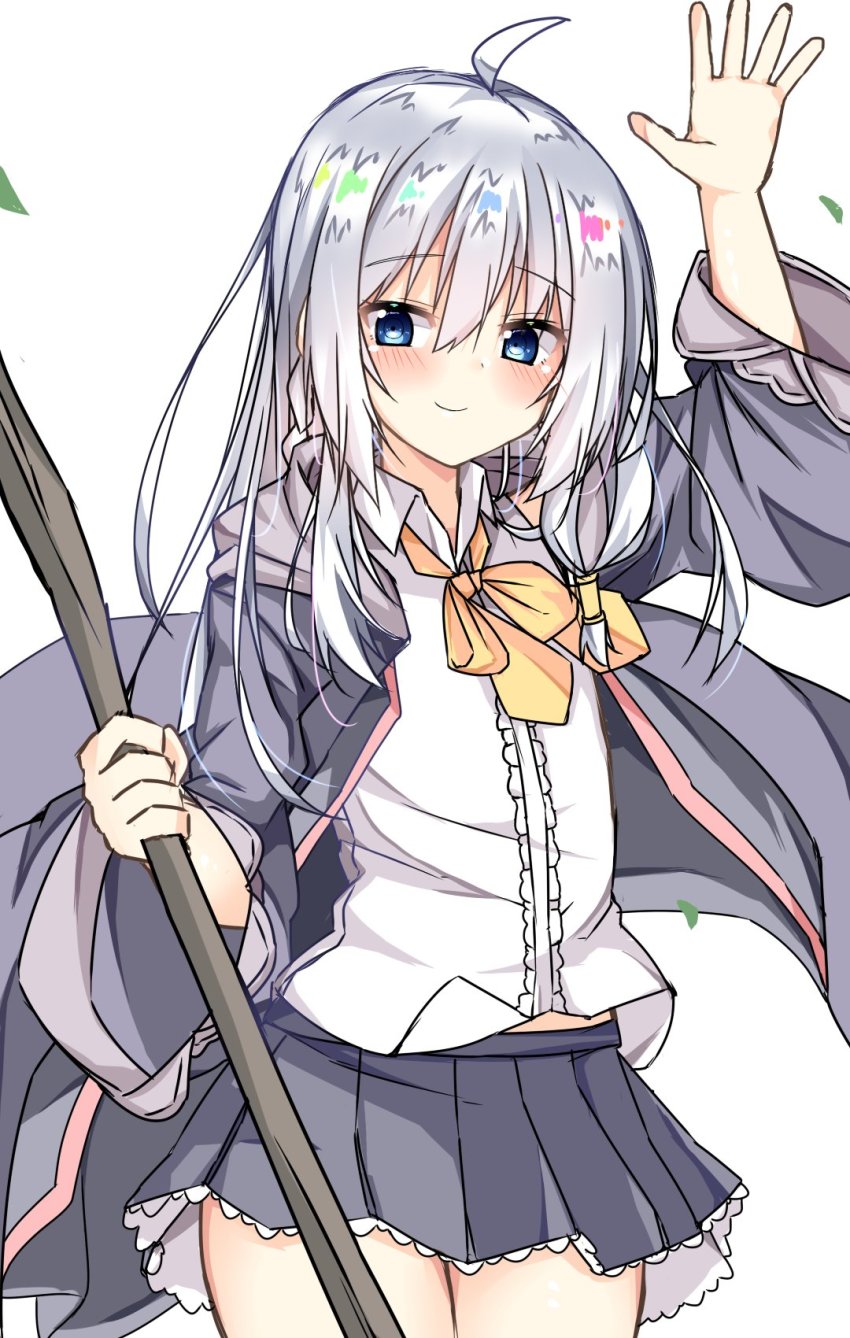 1girl, blue_eyes, blush, elaina_(majo_no_tabitabi), grey_hair, hair_between_eyes, highres, holding