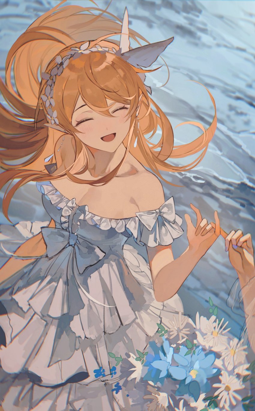 2girls, bare_shoulders, blonde_hair, blue_flower, blue_nails, blush, bouquet, bow