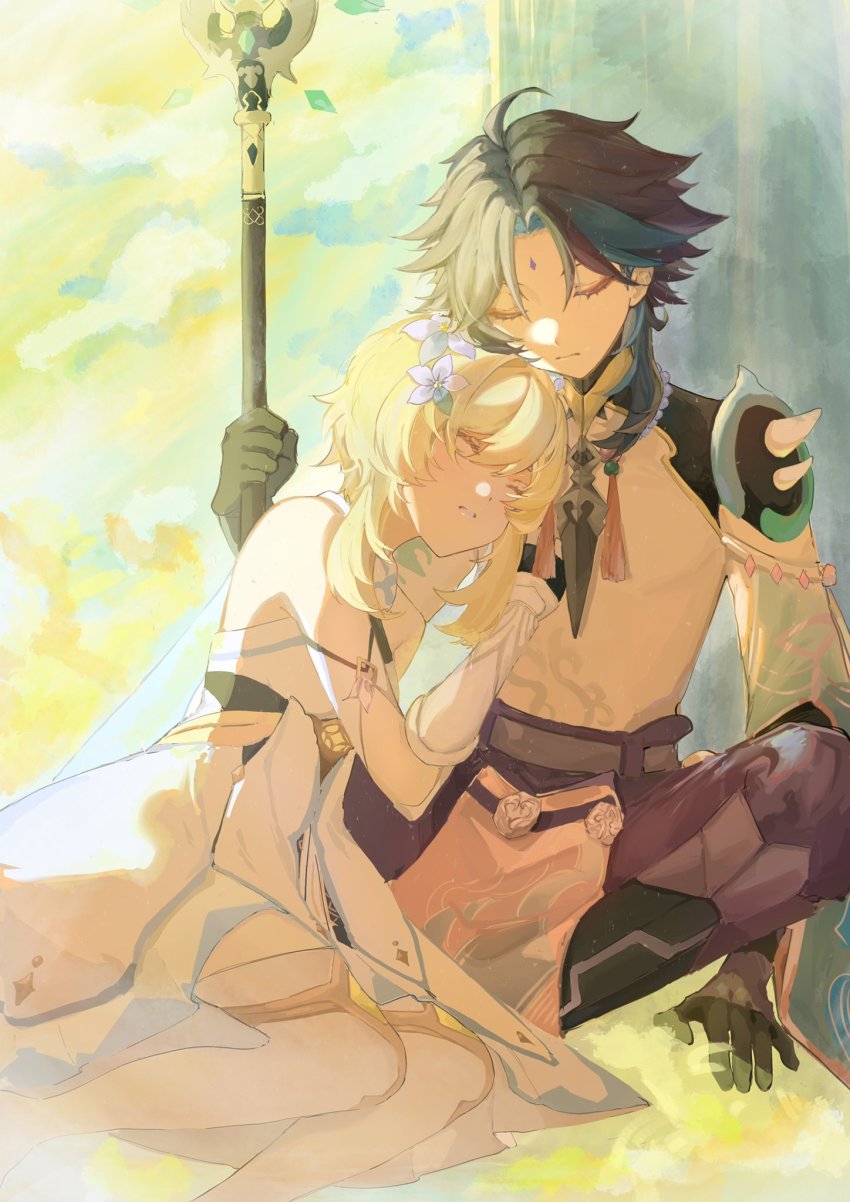 1boy, 1girl, bead_necklace, beads, black_hair, blonde_hair, blue_hair, boots