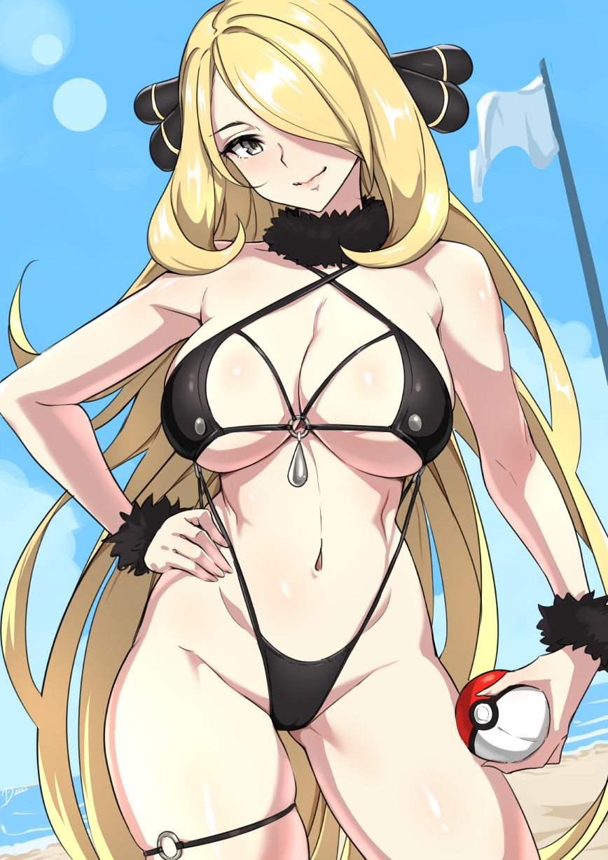 1girl, bare_arms, bare_shoulders, beach, black_one-piece_swimsuit, black_slingshot_swimsuit, blonde_hair, blue_sky, breasts, closed_mouth, contrapposto, cowboy_shot, cynthia_(pokemon), day, gluteal_fold, grey_eyes, hair_ornament, hair_over_one_eye, head_tilt, highres, large_breasts, light_smile, long_hair, looking_at_viewer, nintendo, o-ring, one-piece_swimsuit, outdoors, pokemon, pokemon_diamond/pearl/platinum, sky, slingshot_swimsuit, solo, sturmjaeger_(daybreaks0), summer, swimsuit, thigh_strap, very_long_hair