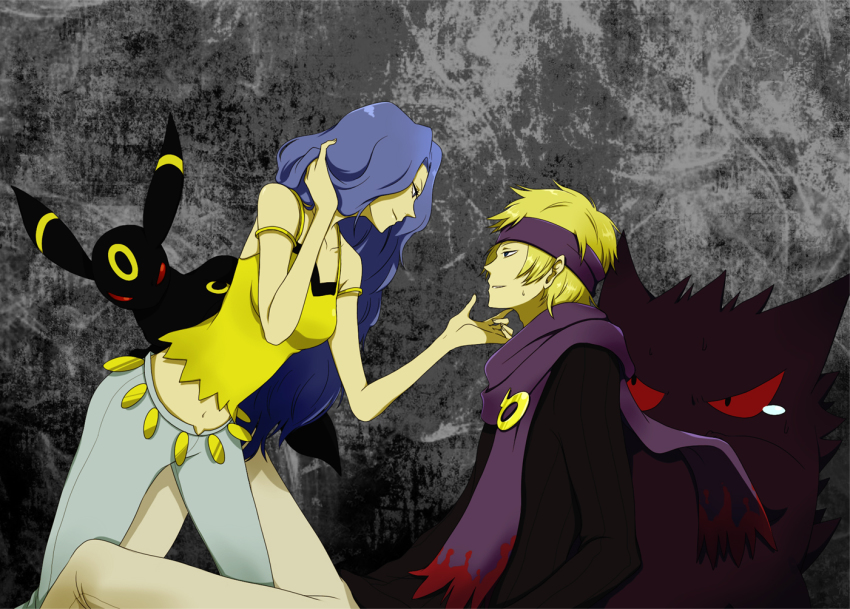 00s, 1boy, 1girl, bare_shoulders, blonde_hair, blue_eyes, blue_hair, crop_top