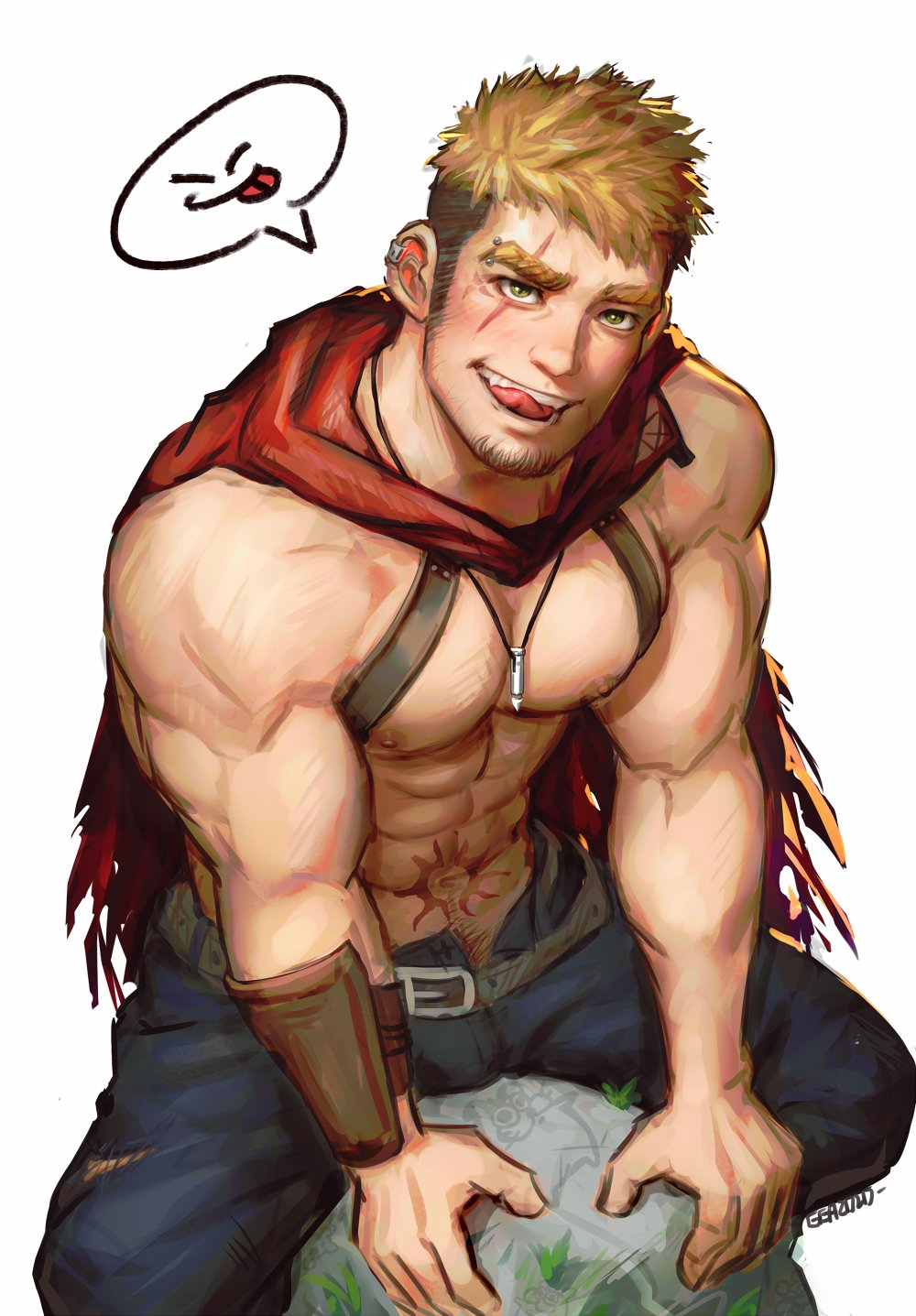 1boy, abs, bara, belt, black_pants, blonde_hair, cape, chest_harness